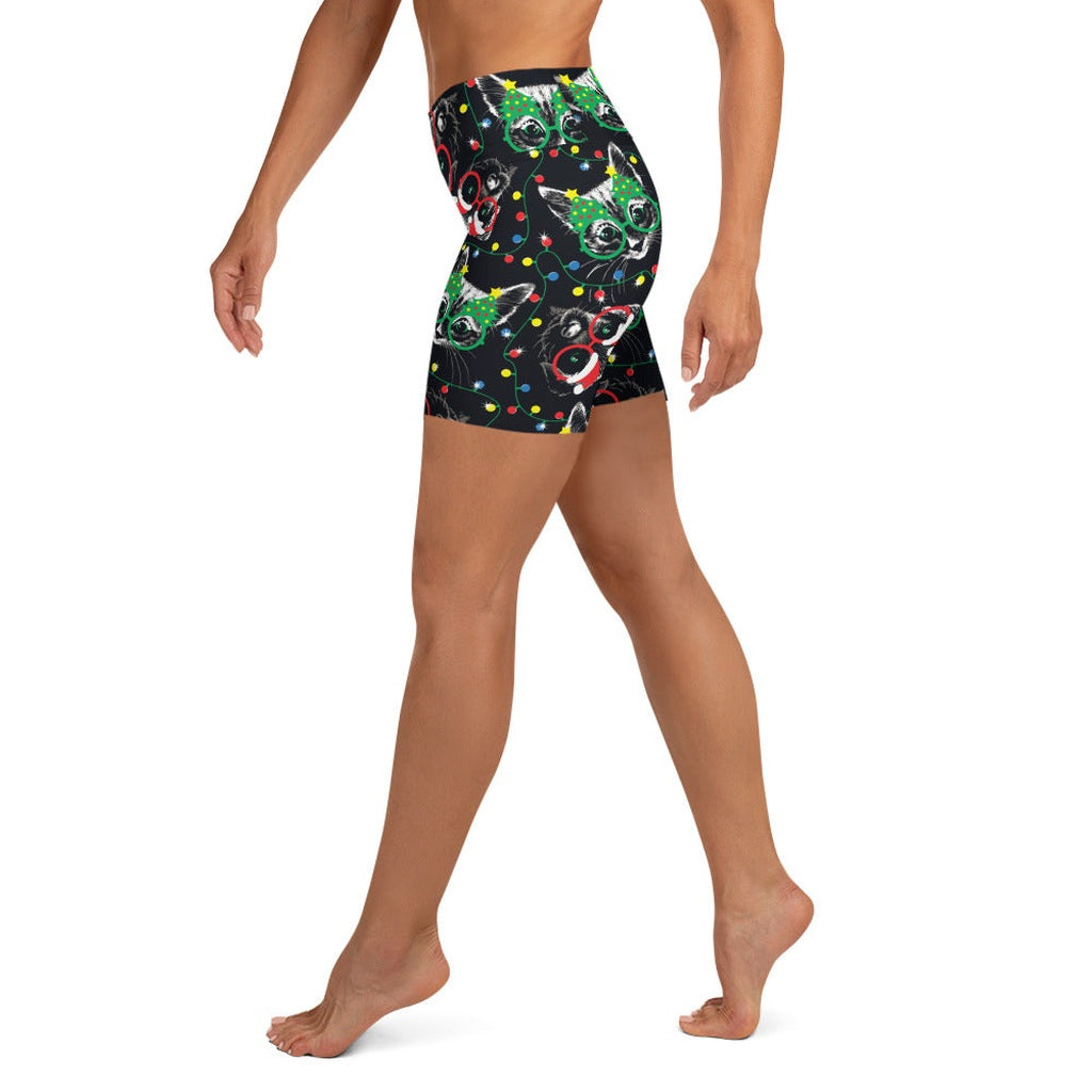 Christmas Lights & Cats Yoga Shorts