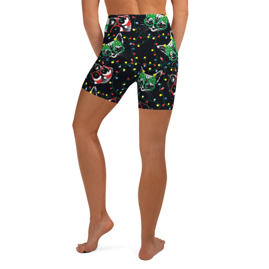 Christmas Lights & Cats Yoga Shorts