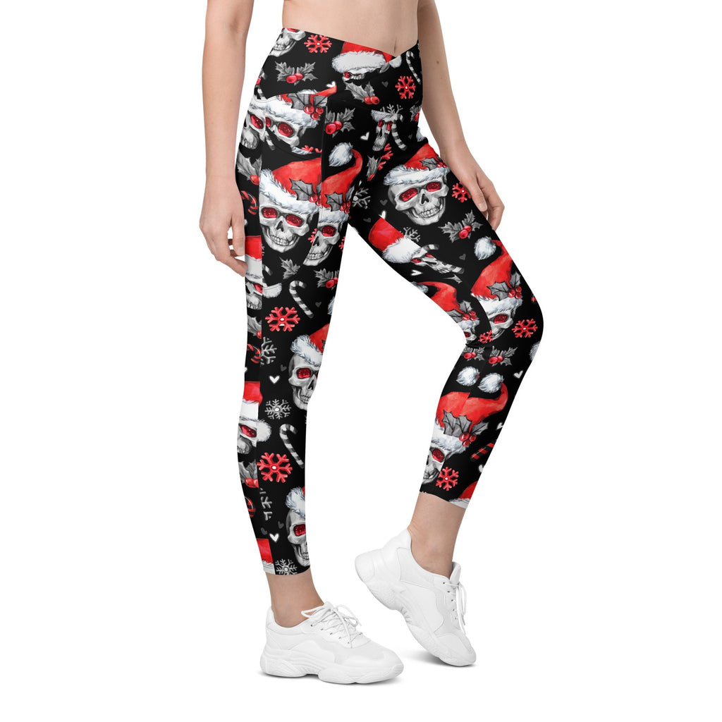 Christmassy Skulls Crossover Leggings With Pockets