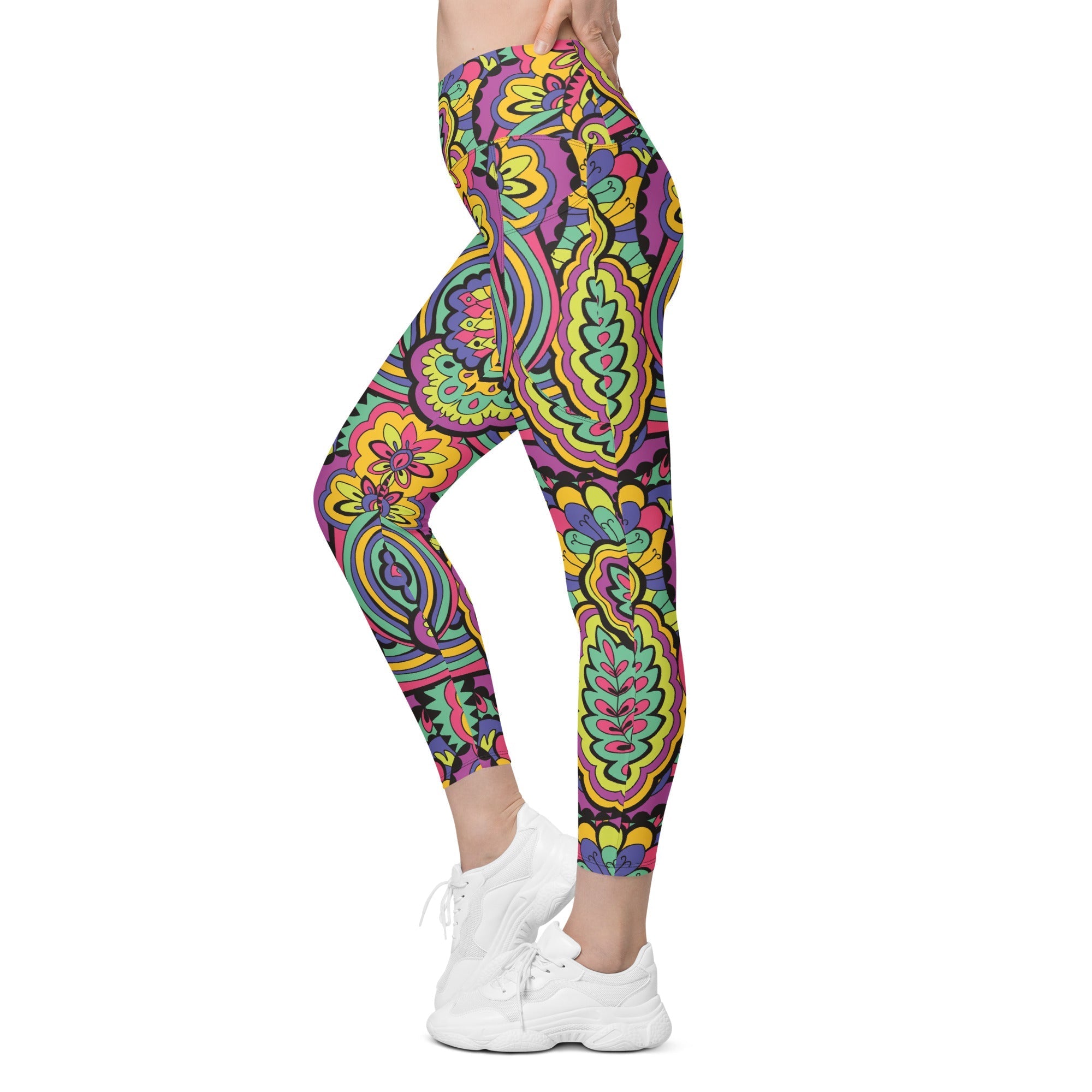 Colorful Fun Pattern Crossover Leggings With Pockets