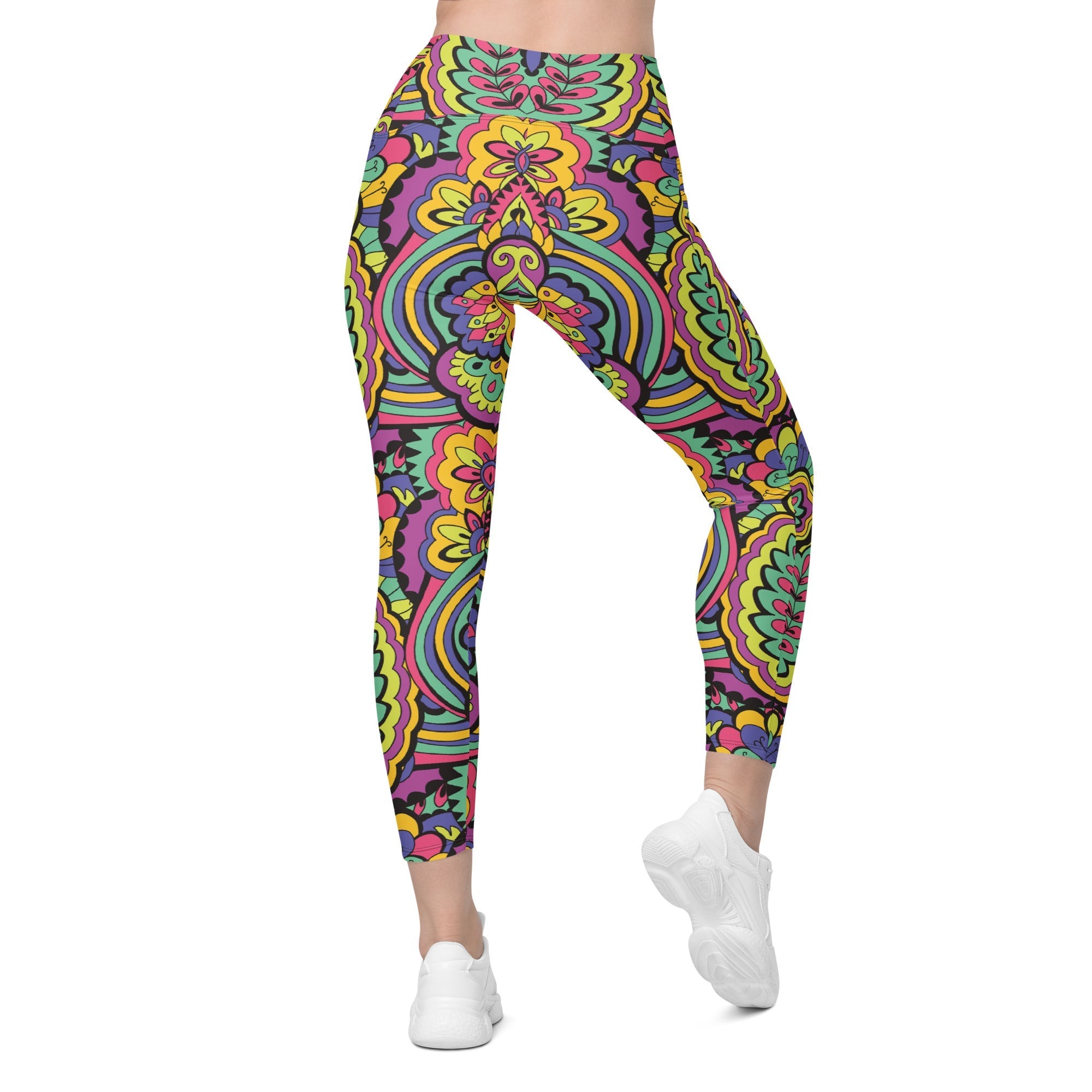 Colorful Fun Pattern Crossover Leggings With Pockets