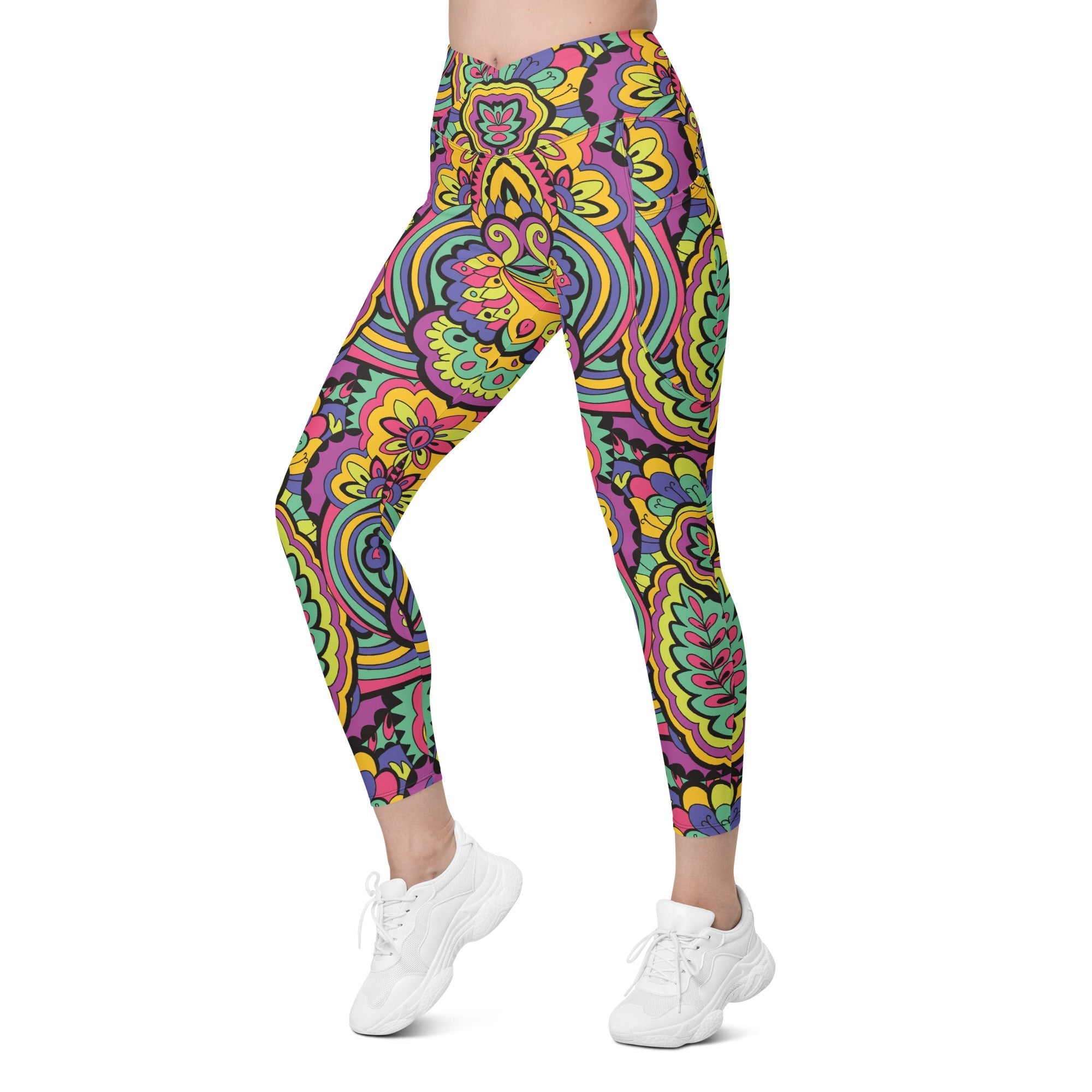 Colorful Fun Pattern Crossover Leggings With Pockets