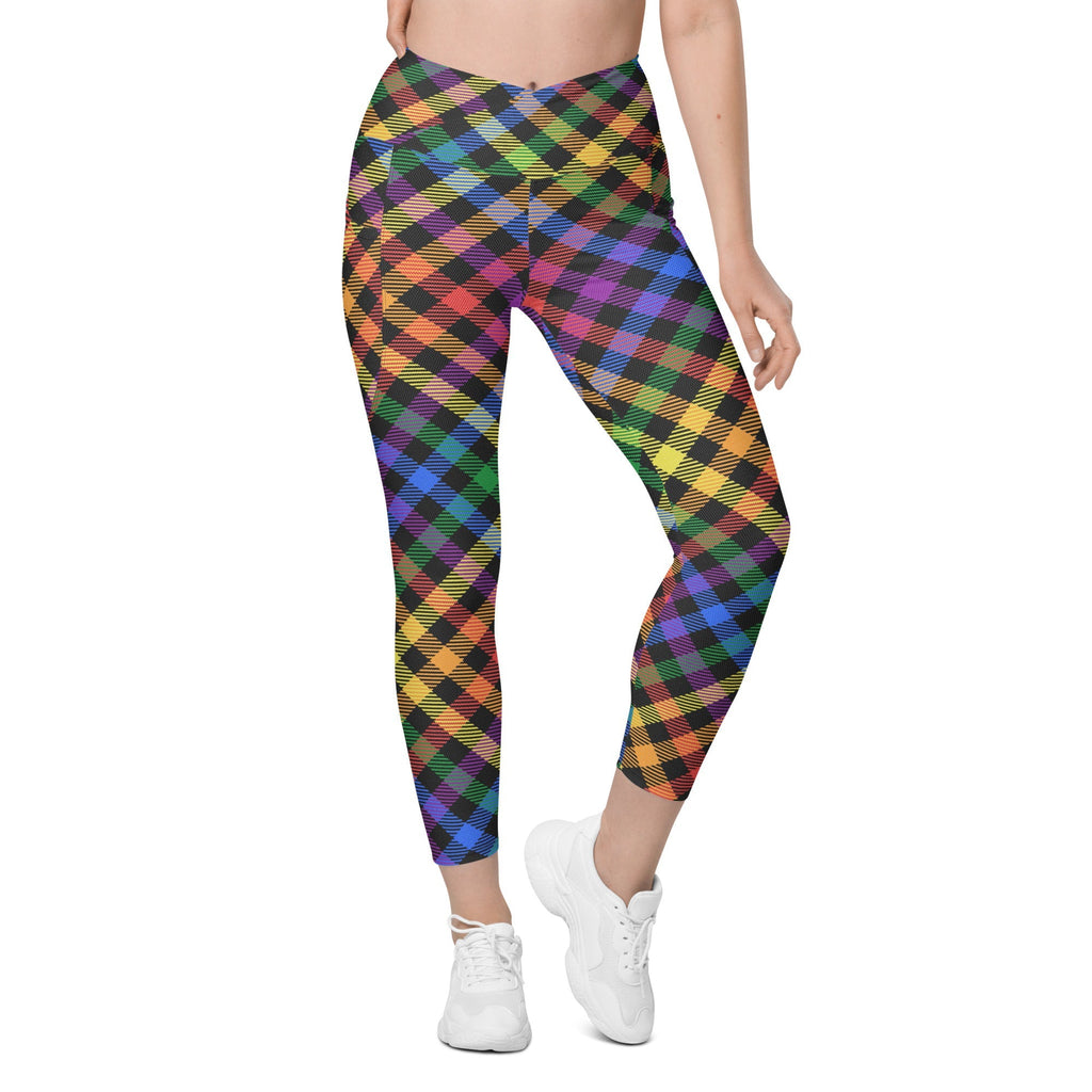 Colorful Plaid Crossover Leggings With Pockets