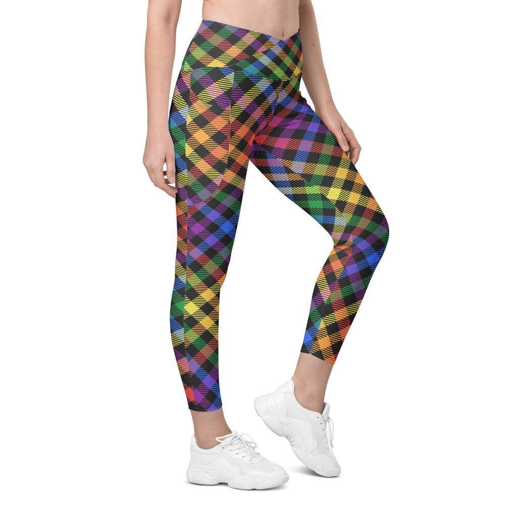 Colorful Plaid Crossover Leggings With Pockets