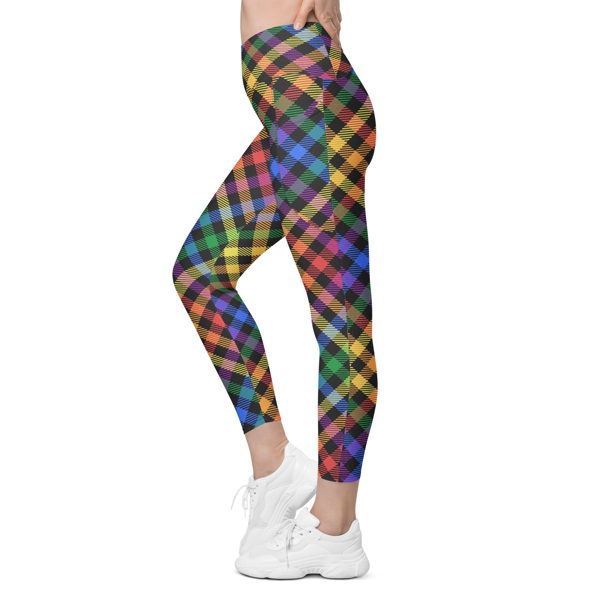 Colorful Plaid Crossover Leggings With Pockets