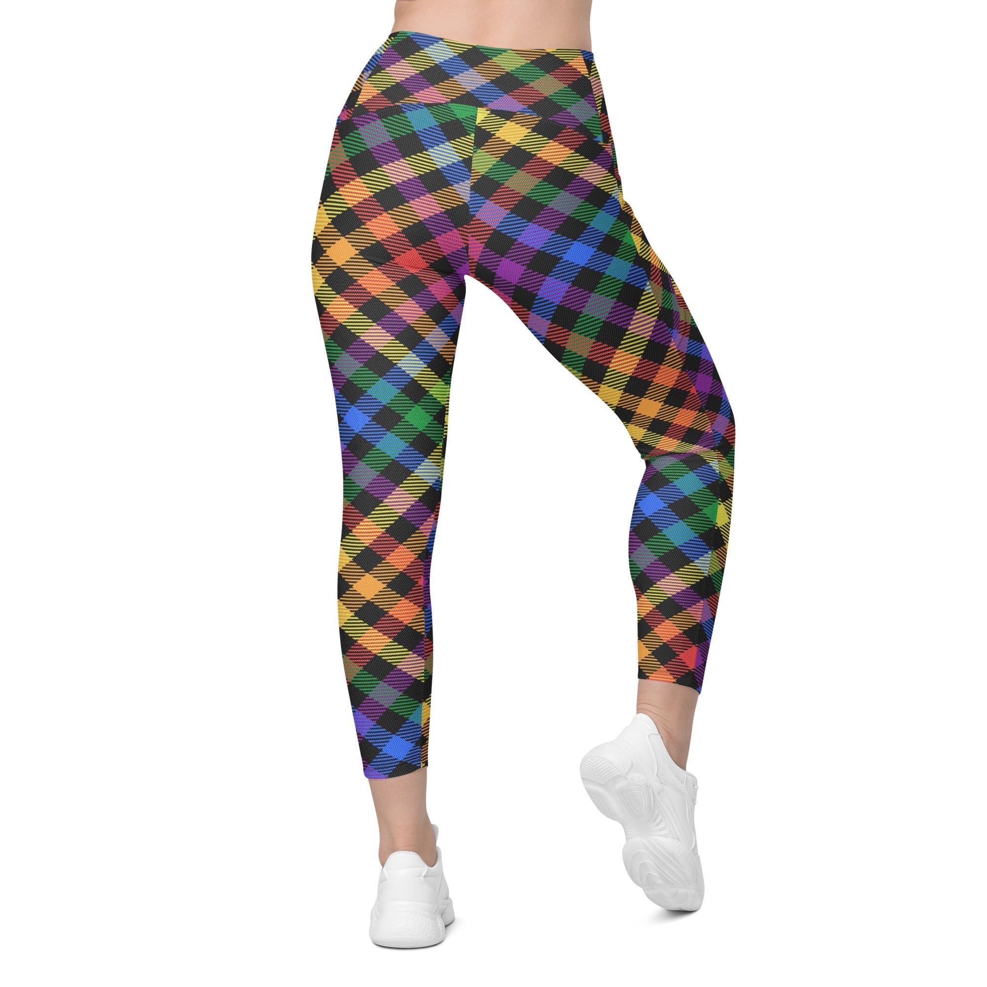 Colorful Plaid Crossover Leggings With Pockets