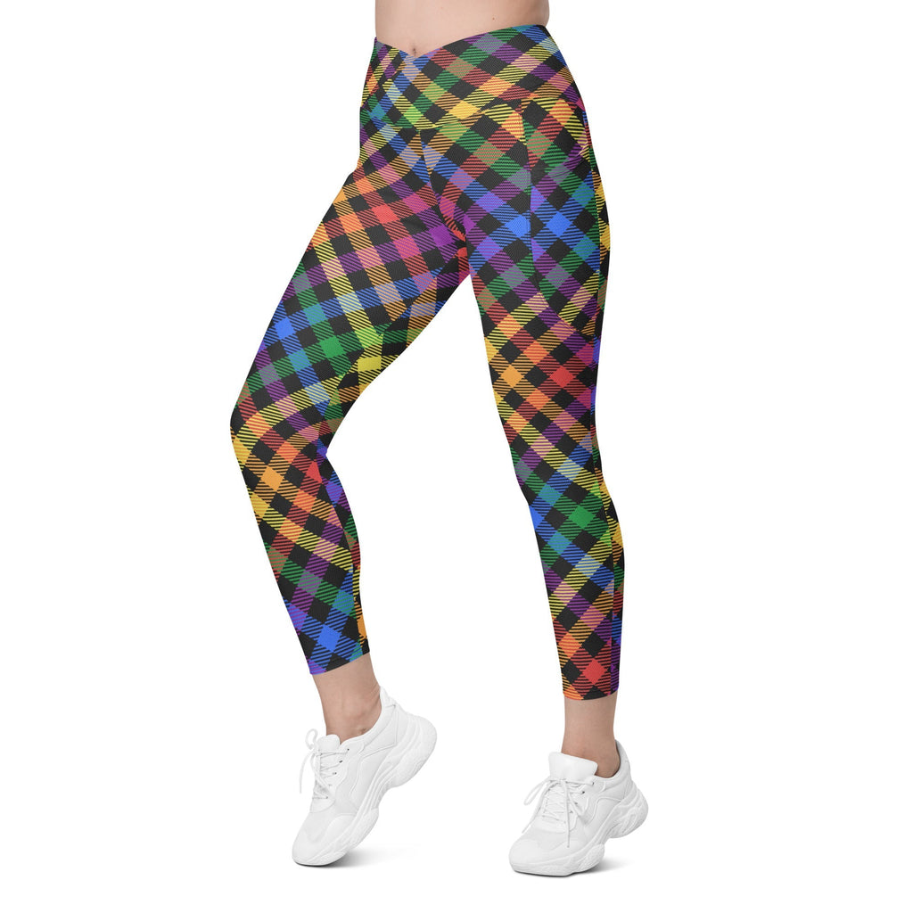 Colorful Plaid Crossover Leggings With Pockets
