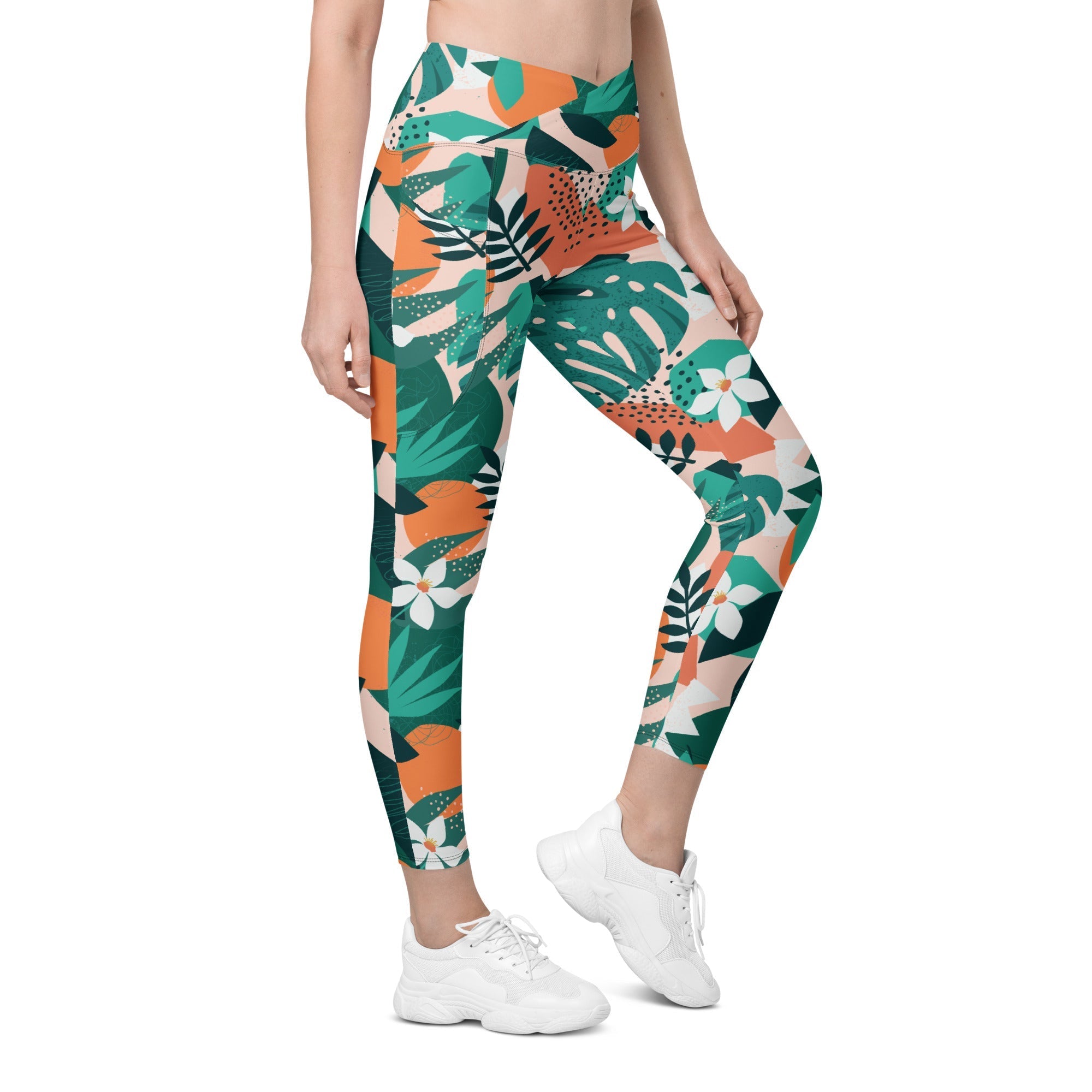 Contemporary Tropical Crossover Leggings With Pockets