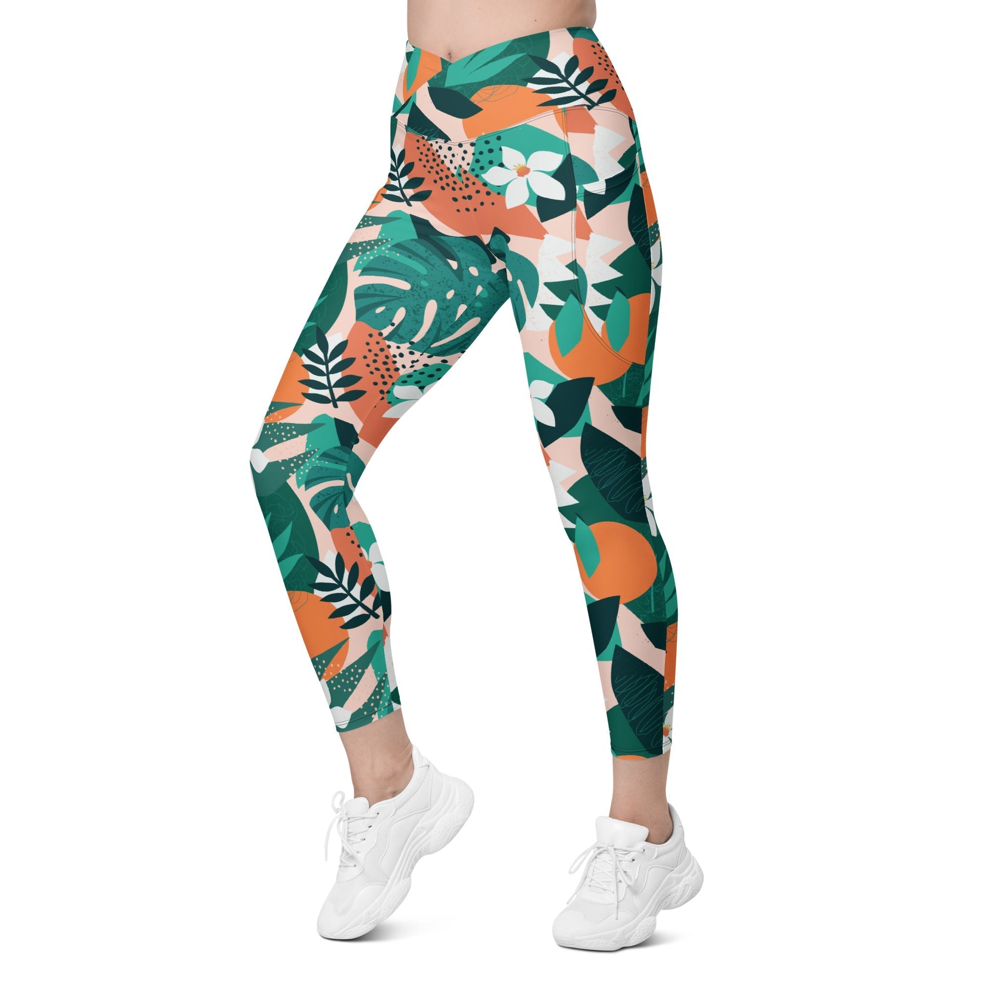 Contemporary Tropical Crossover Leggings With Pockets