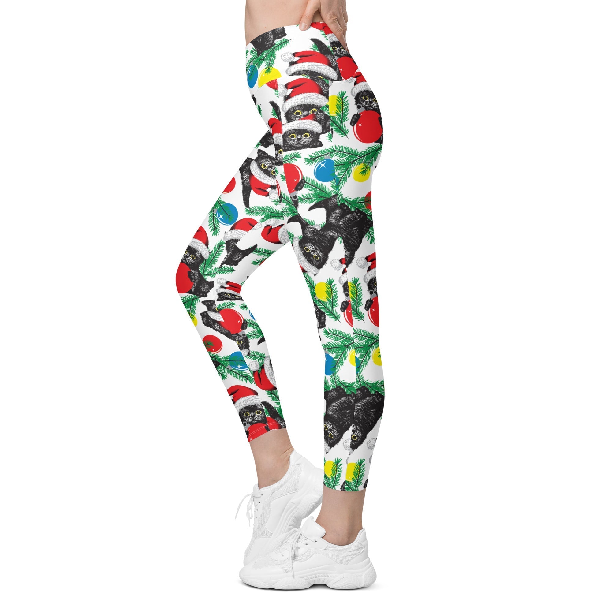 Cute Christmas Cat Crossover Leggings With Pockets