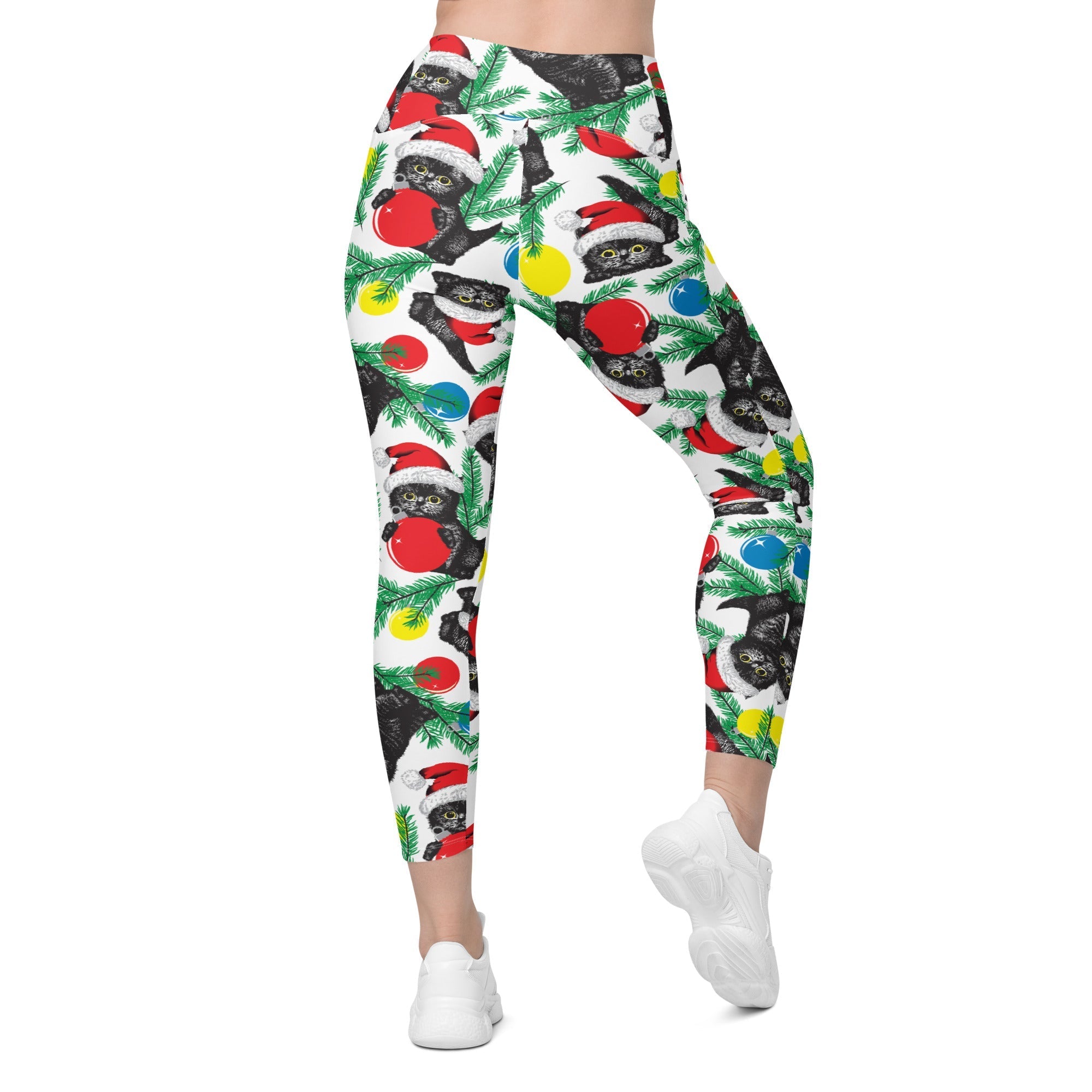 Cute Christmas Cat Crossover Leggings With Pockets