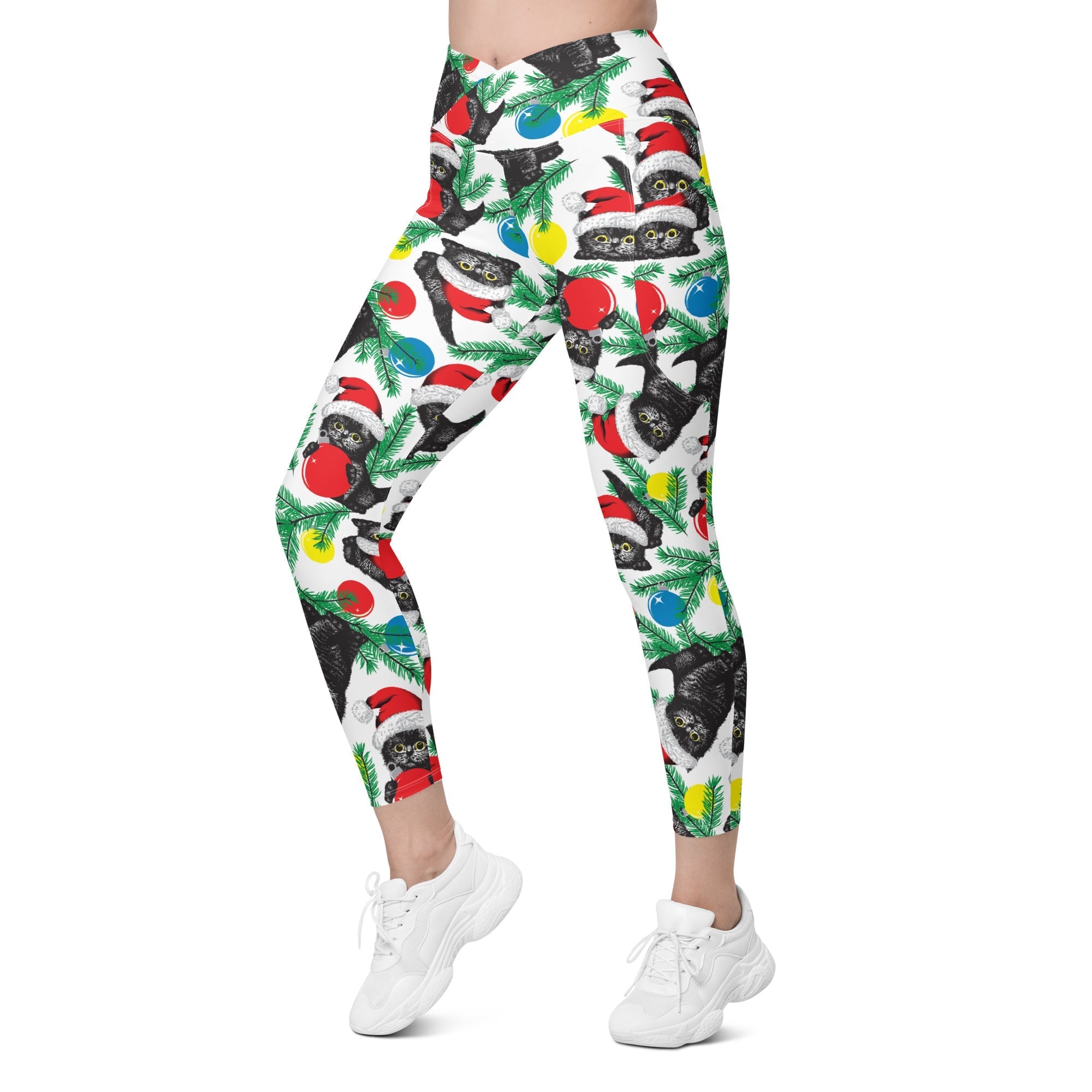 Cute Christmas Cat Crossover Leggings With Pockets
