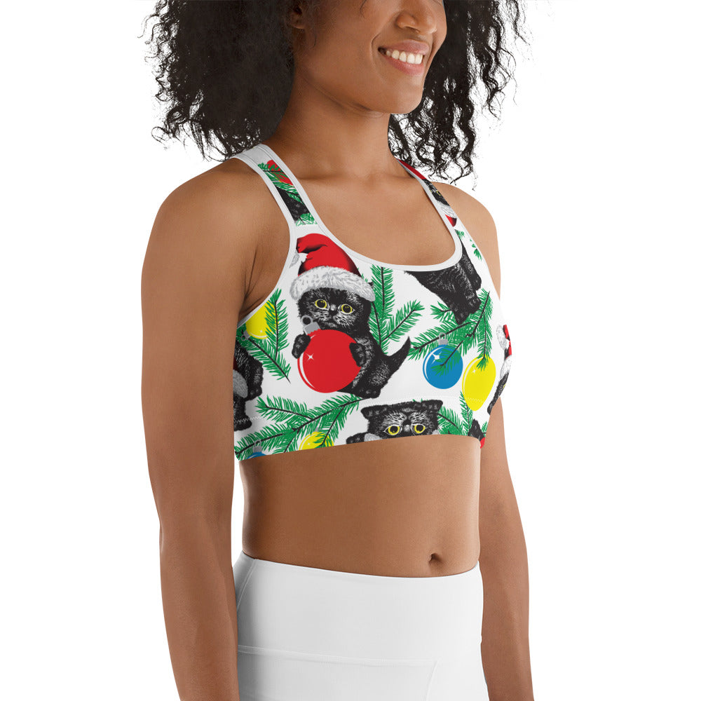 Cute Christmas Cat Sports Bra