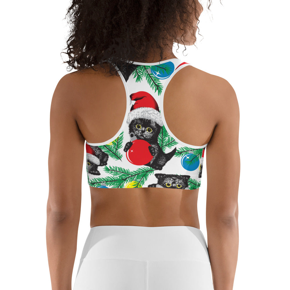 Cute Christmas Cat Sports Bra