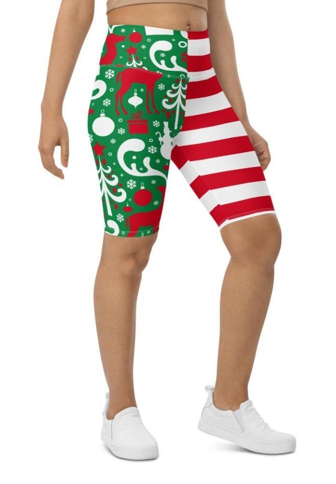 Cute Two Pattern Christmas Biker Shorts