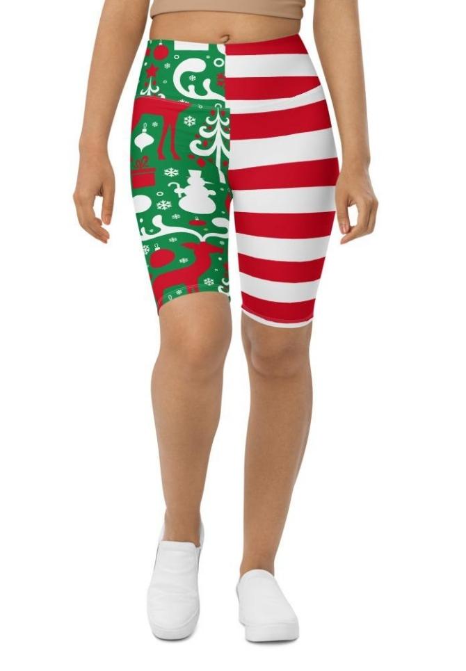 Cute Two Pattern Christmas Biker Shorts
