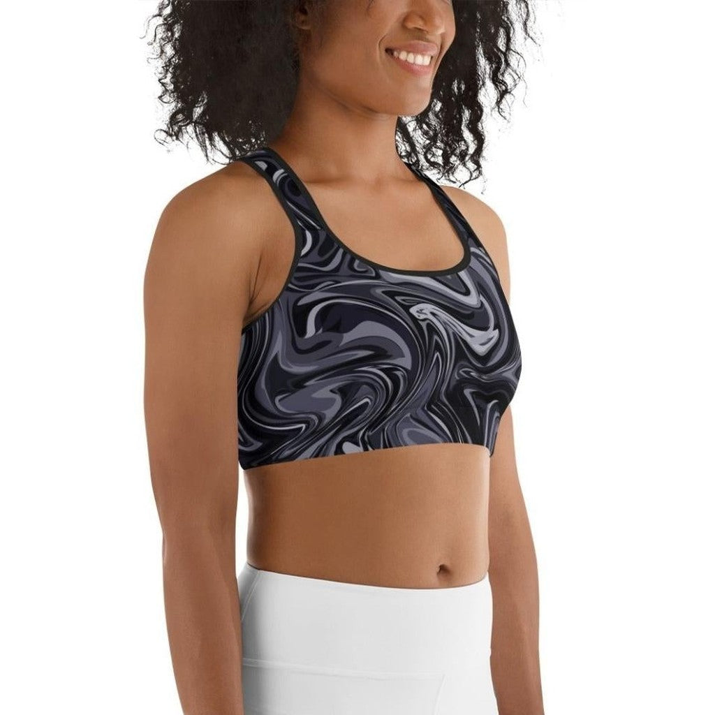 Dark Monochrome Marble Sports Bra