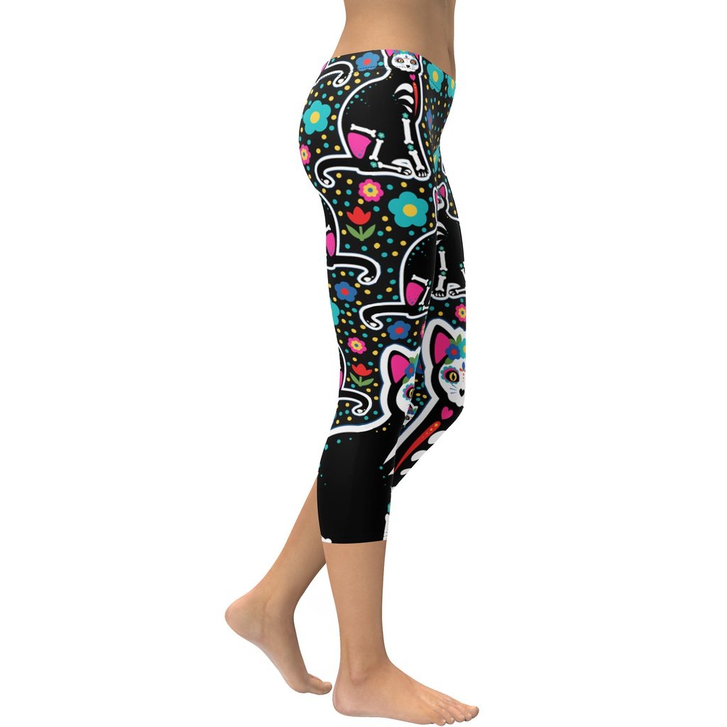 Day of the Dead Cat Print Capris