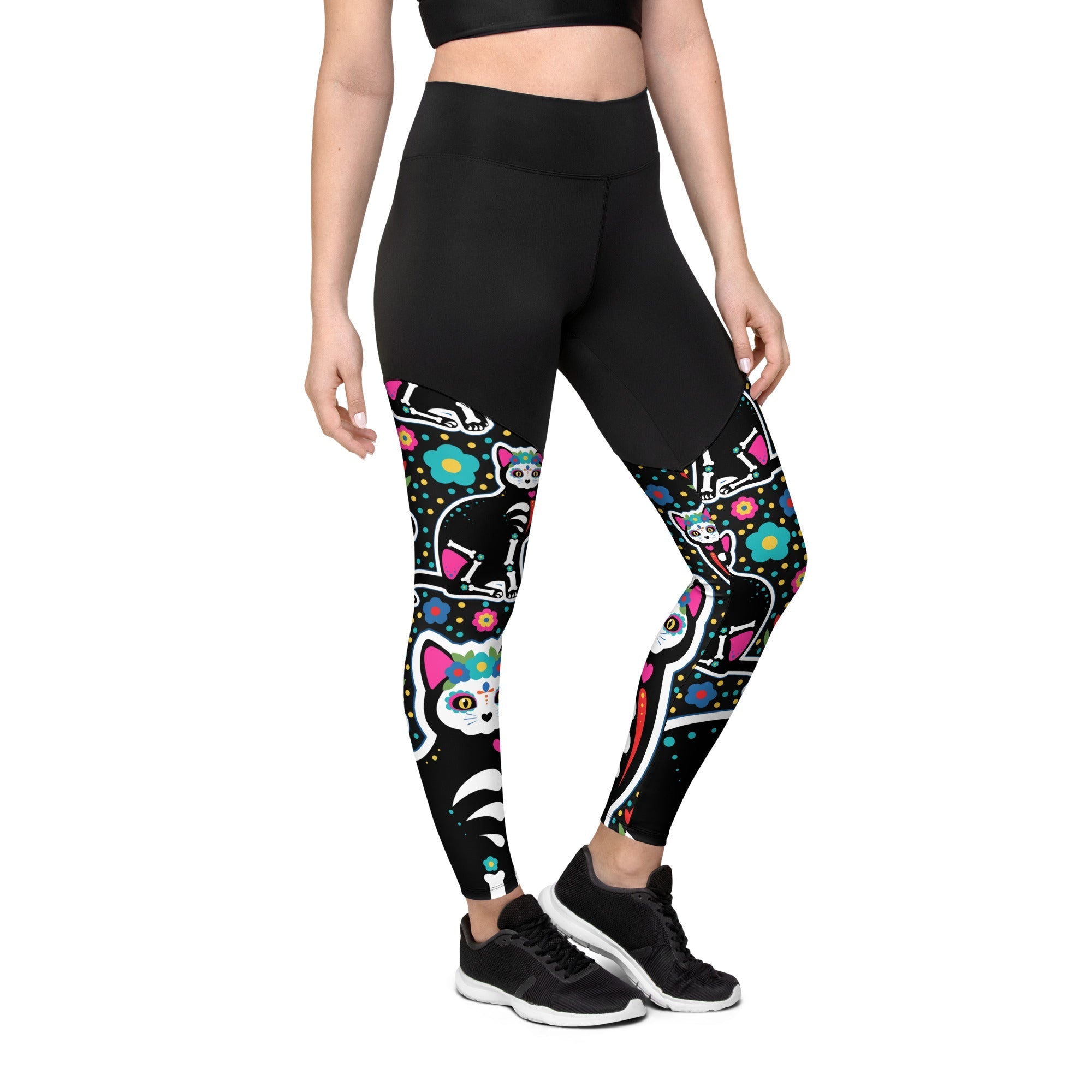 Day of the Dead Cat Print Compression Leggings