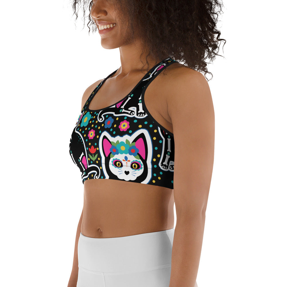 Day of the Dead Cat Print Sports Bra