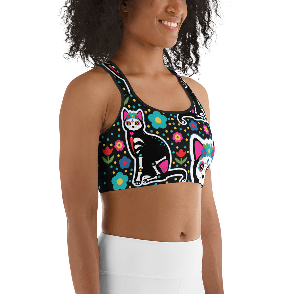 Day of the Dead Cat Print Sports Bra