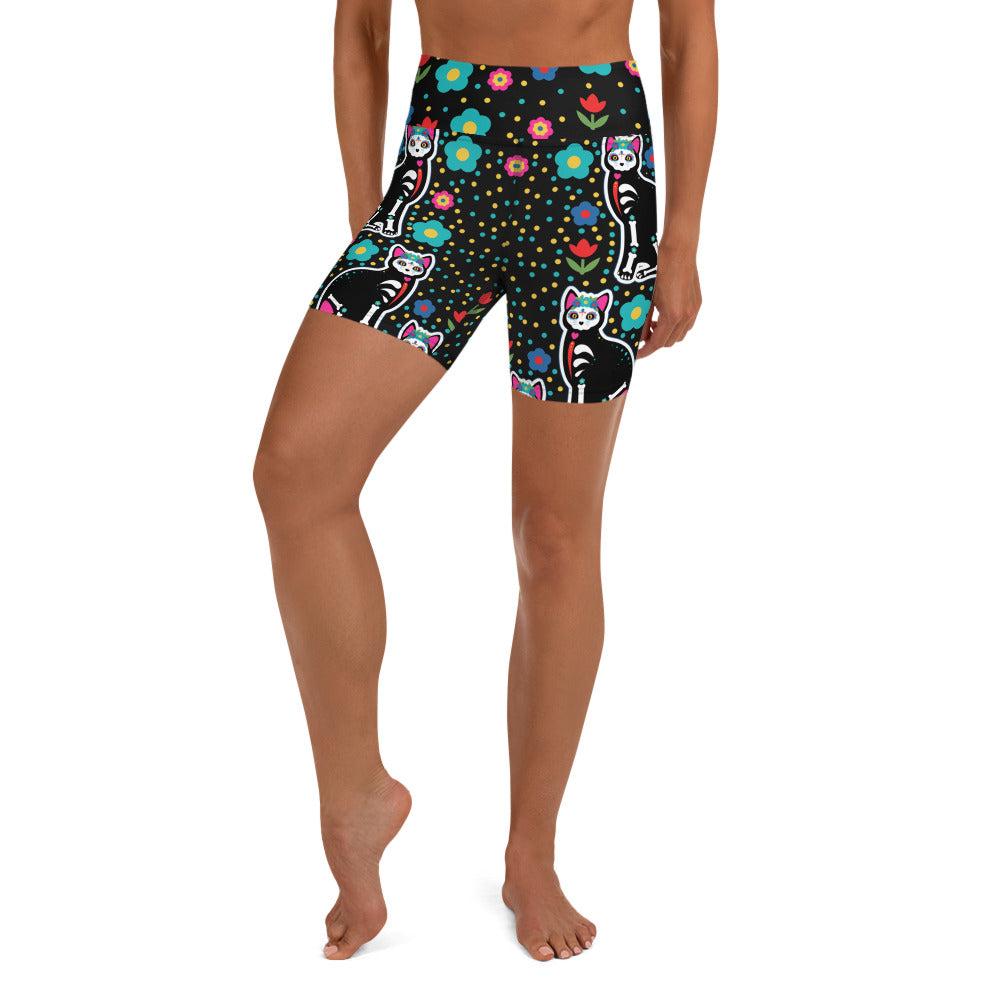 Day of the Dead Cat Print Yoga Shorts