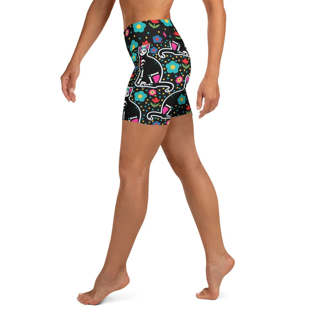 Day of the Dead Cat Print Yoga Shorts