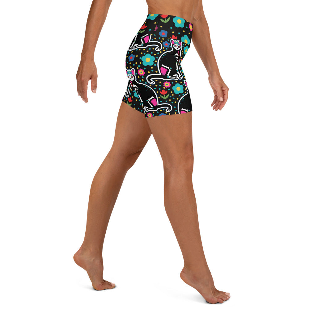 Day of the Dead Cat Print Yoga Shorts
