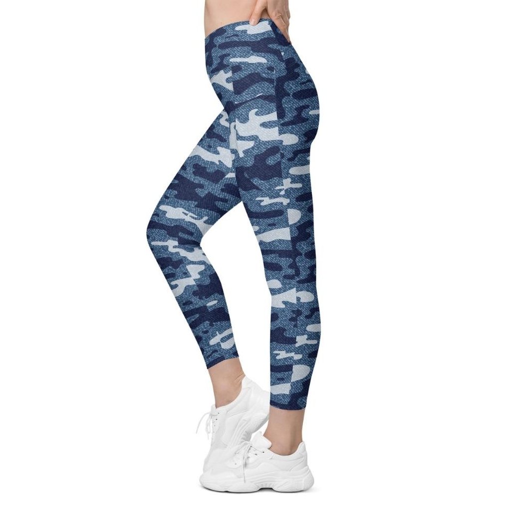 Denim Camo Print Crossover Leggings With Pockets