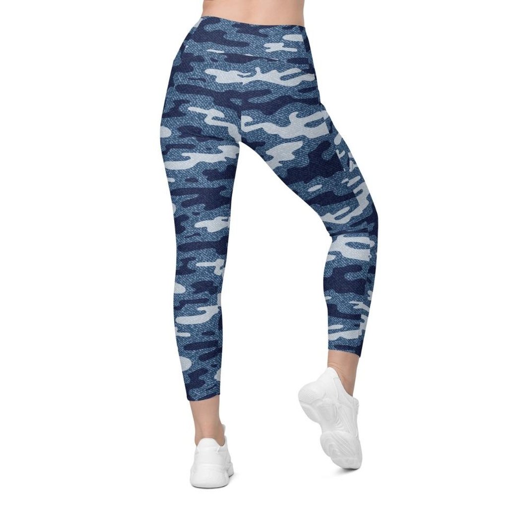 Denim Camo Print Crossover Leggings With Pockets