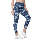 Denim Camo Print Crossover Leggings With Pockets