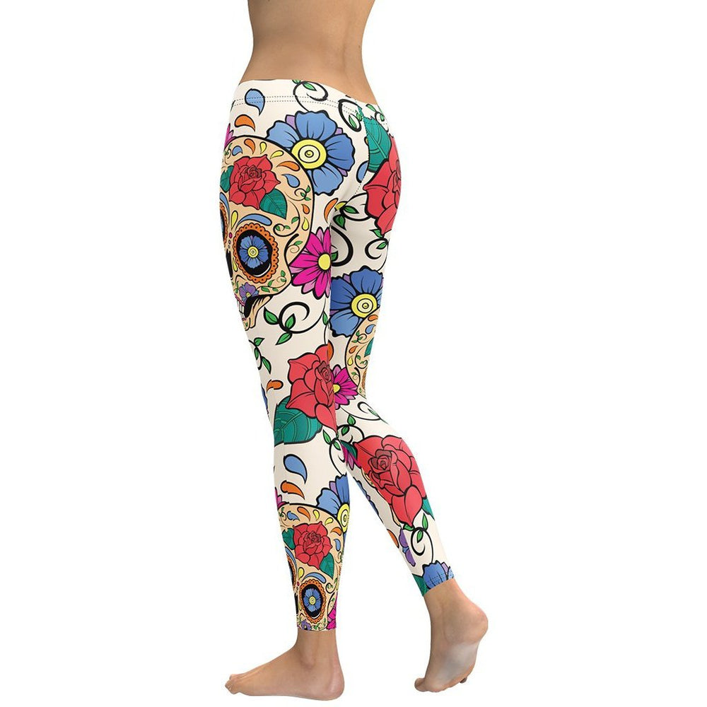 Dia De Muertos Skulls & Flowers Print Leggings | FIERCEPULSE