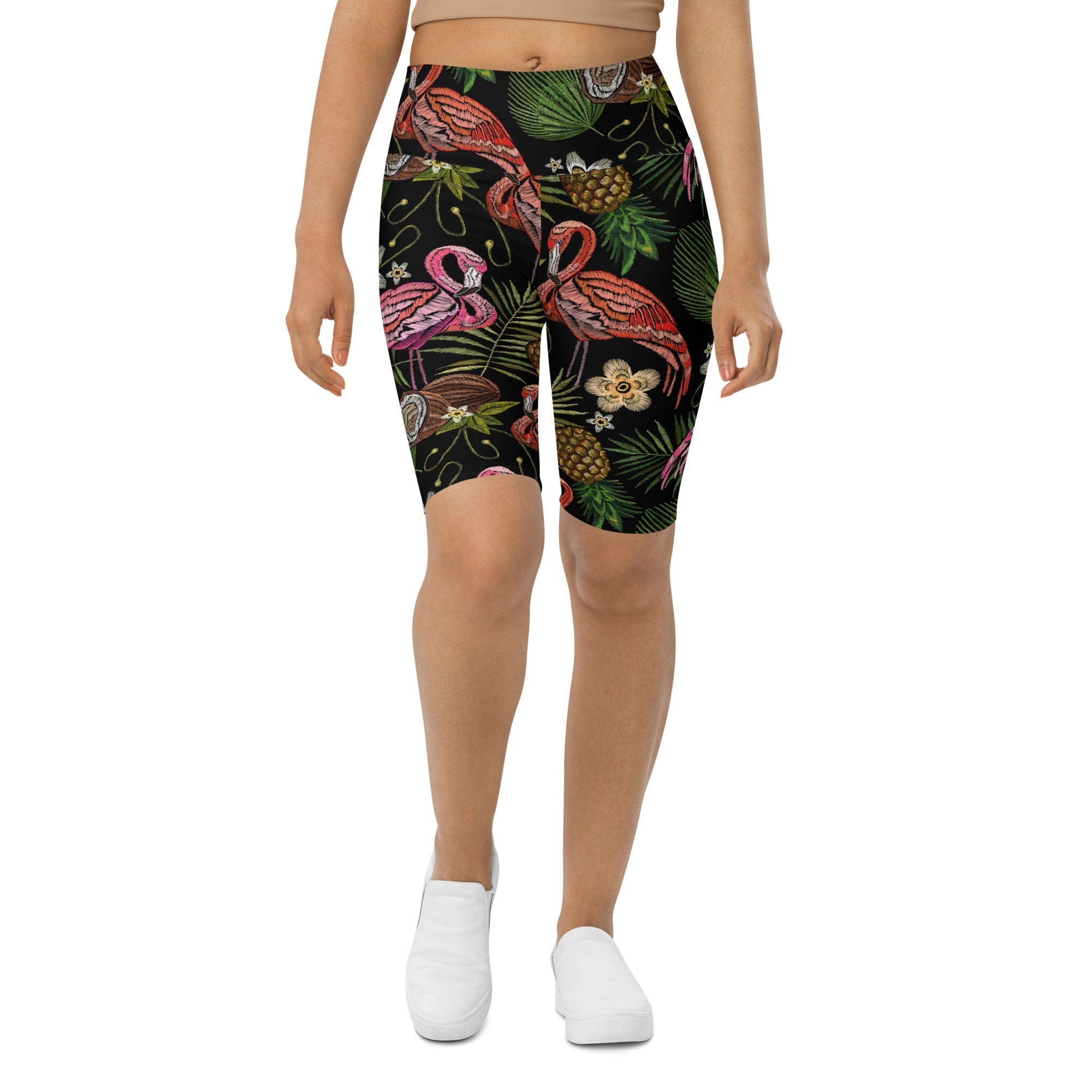 Embroidery Flamingo Biker Shorts
