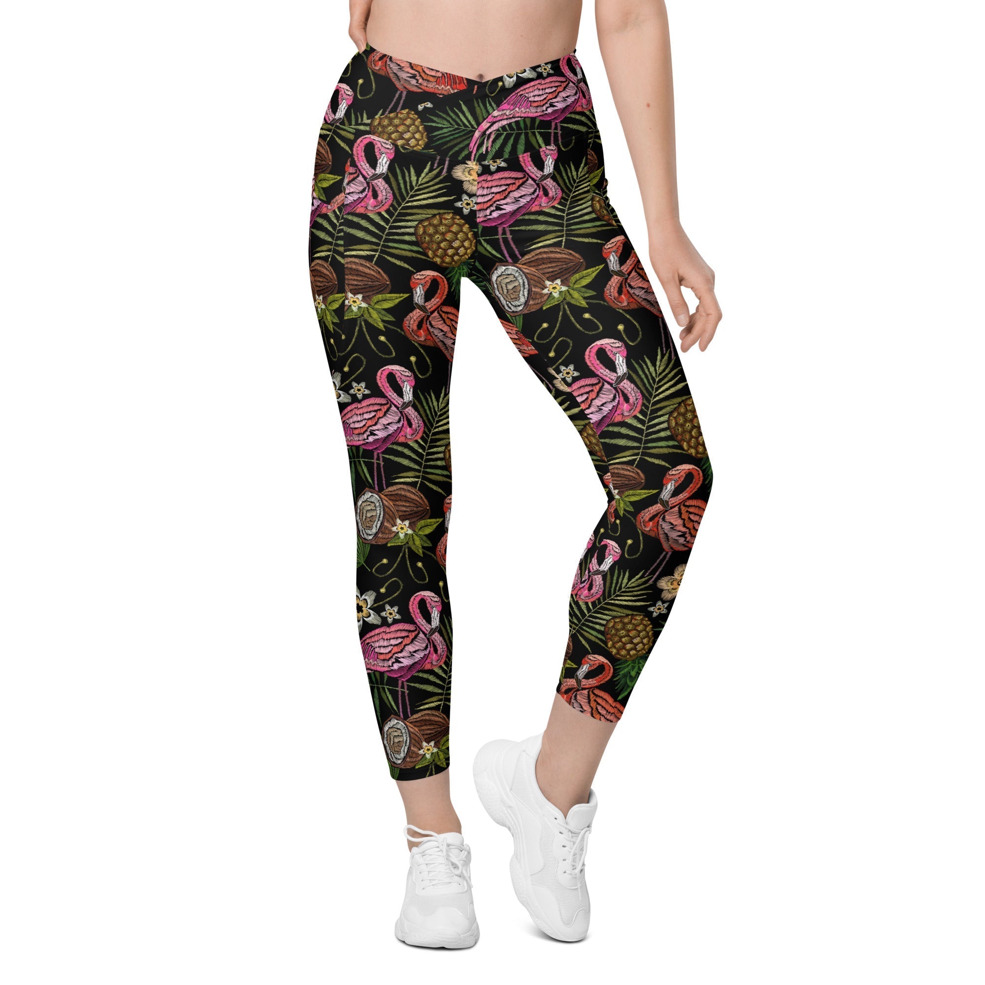 Embroidery Flamingo Crossover Leggings With Pockets