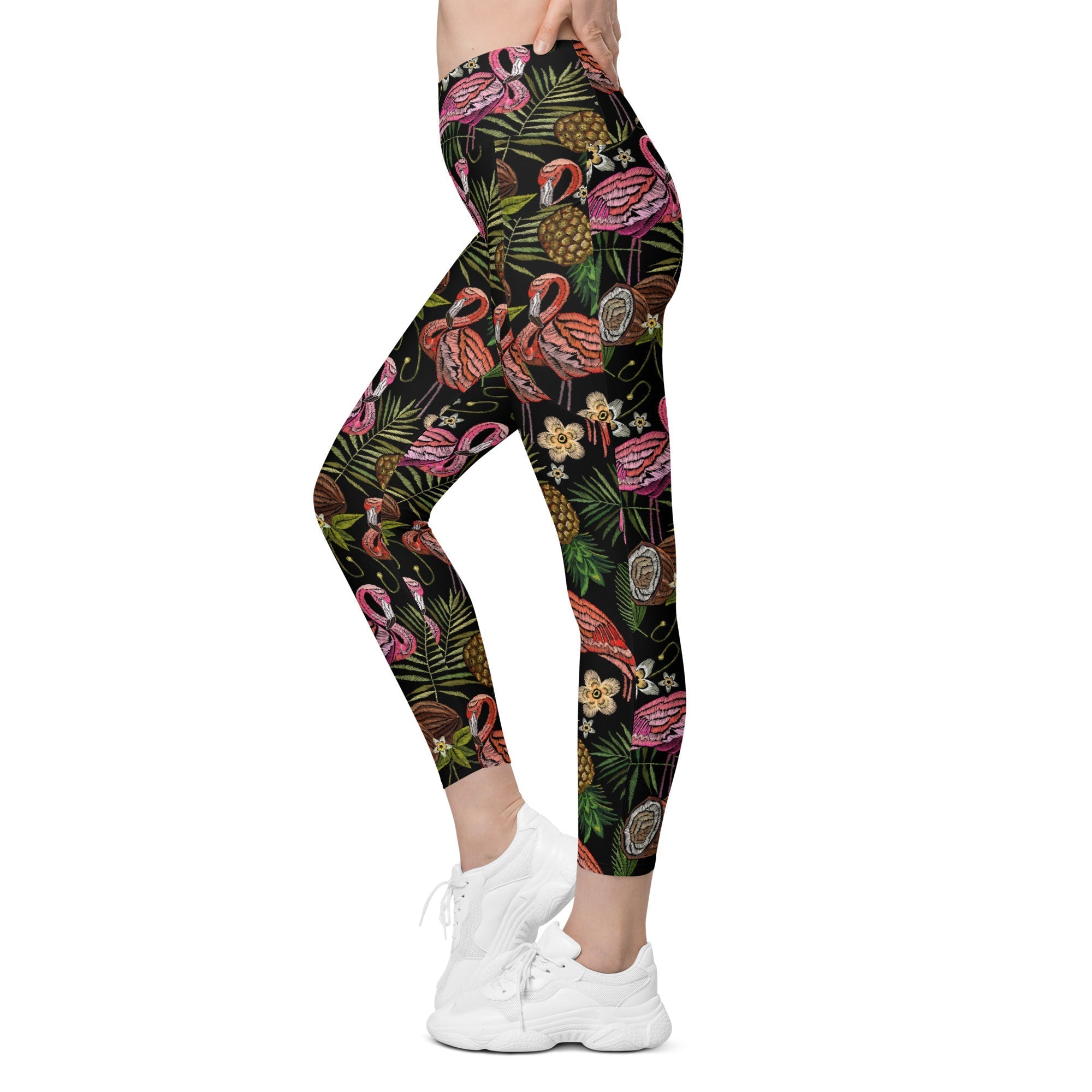 Embroidery Flamingo Crossover Leggings With Pockets