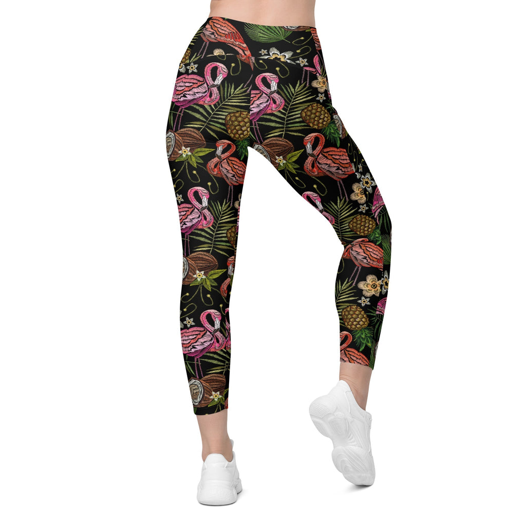 Embroidery Flamingo Crossover Leggings With Pockets