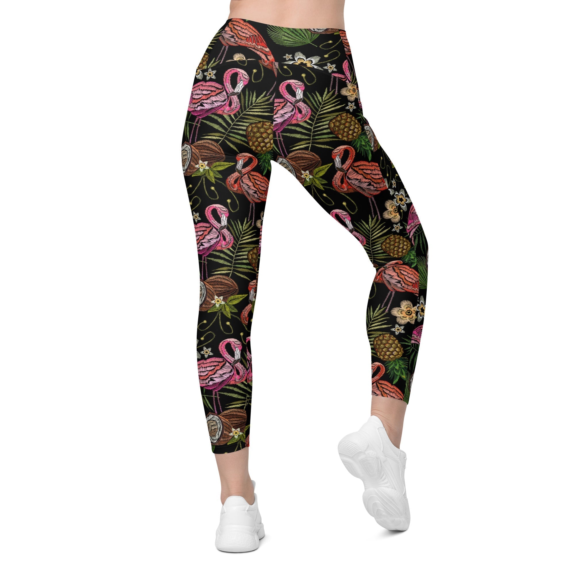 Embroidery Flamingo Crossover Leggings With Pockets