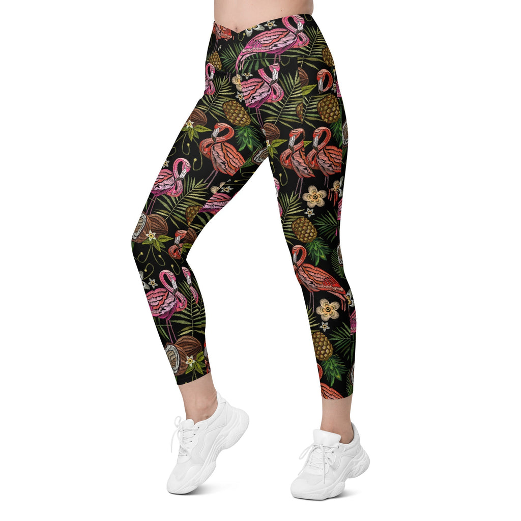 Embroidery Flamingo Crossover Leggings With Pockets