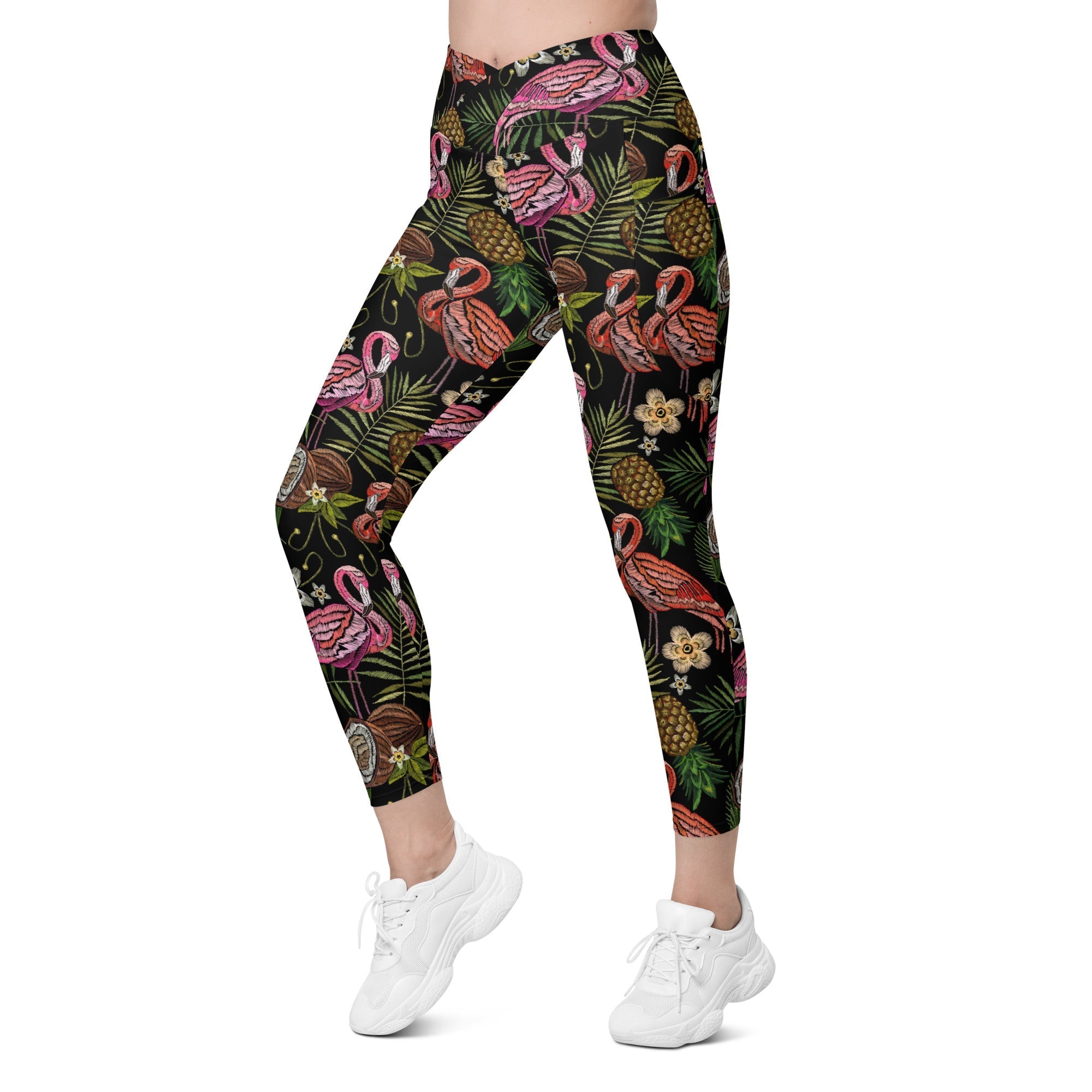 Embroidery Flamingo Crossover Leggings With Pockets