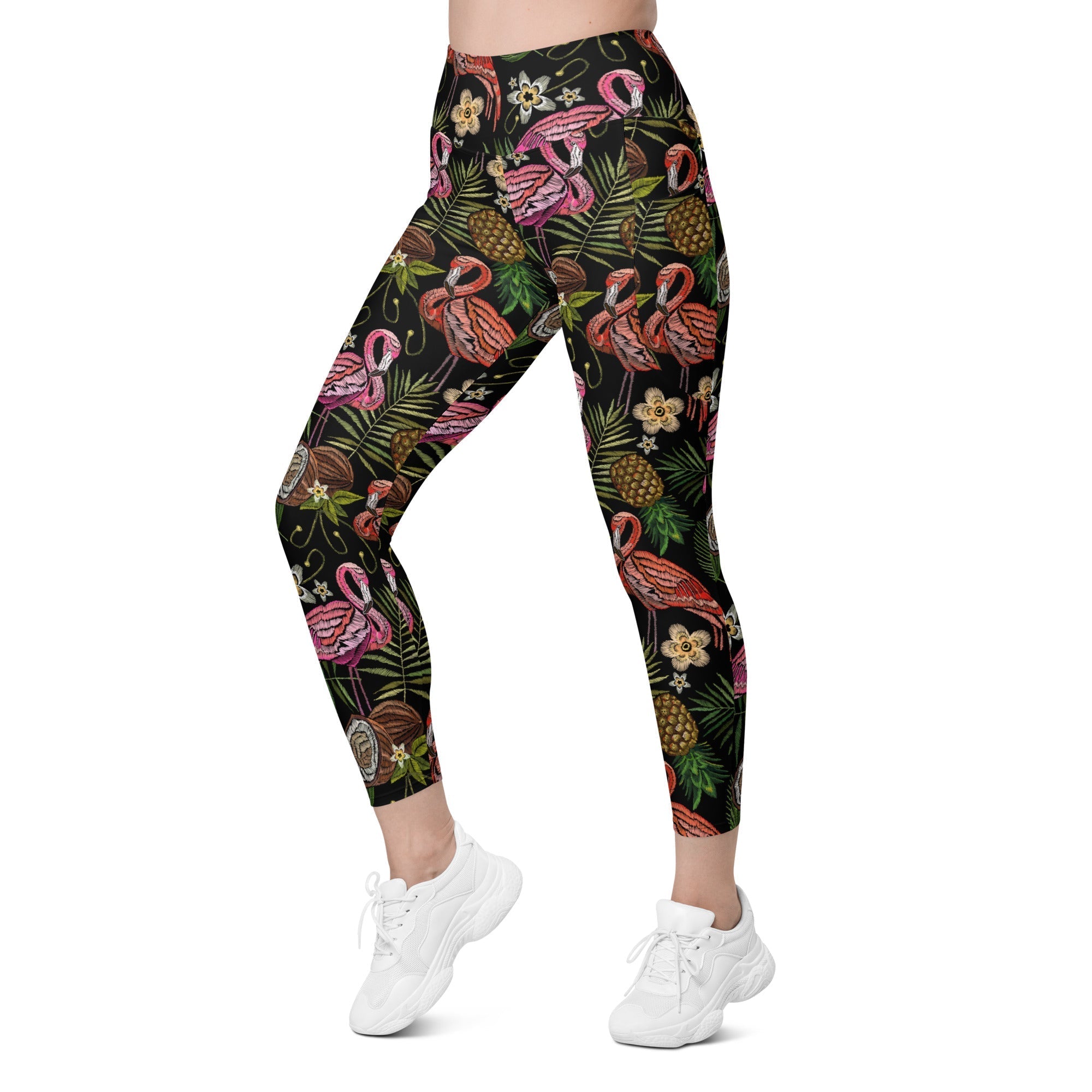 Embroidery Flamingo Leggings With Pockets