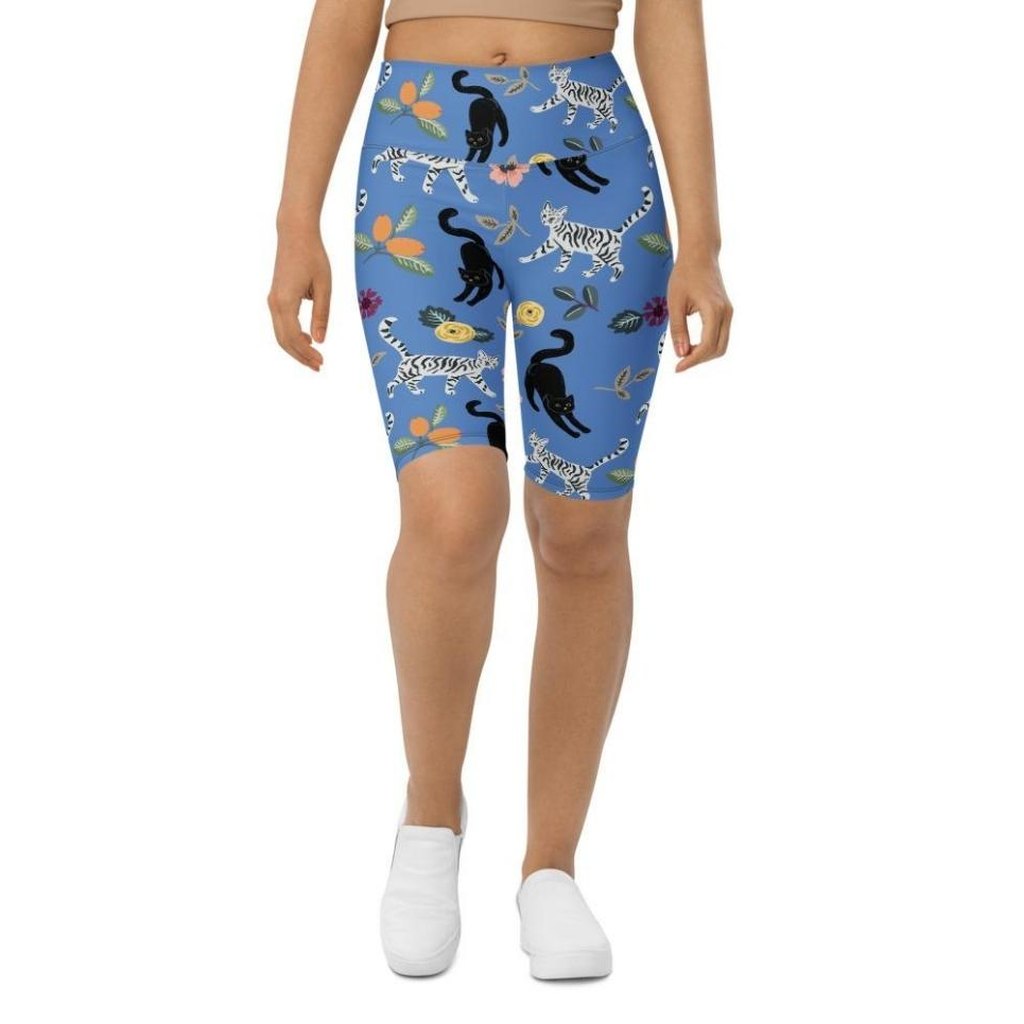 Feline & Flower Pattern Biker Shorts