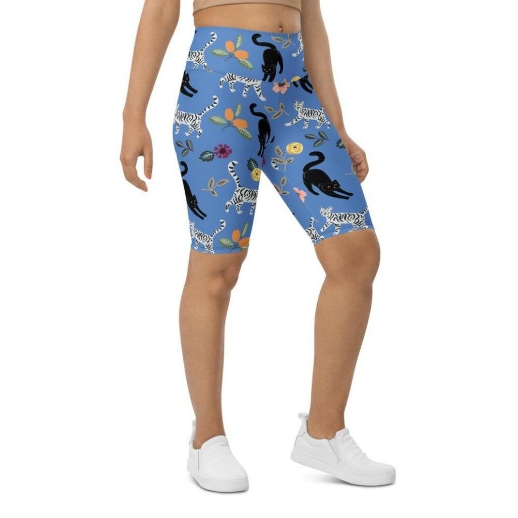 Feline & Flower Pattern Biker Shorts