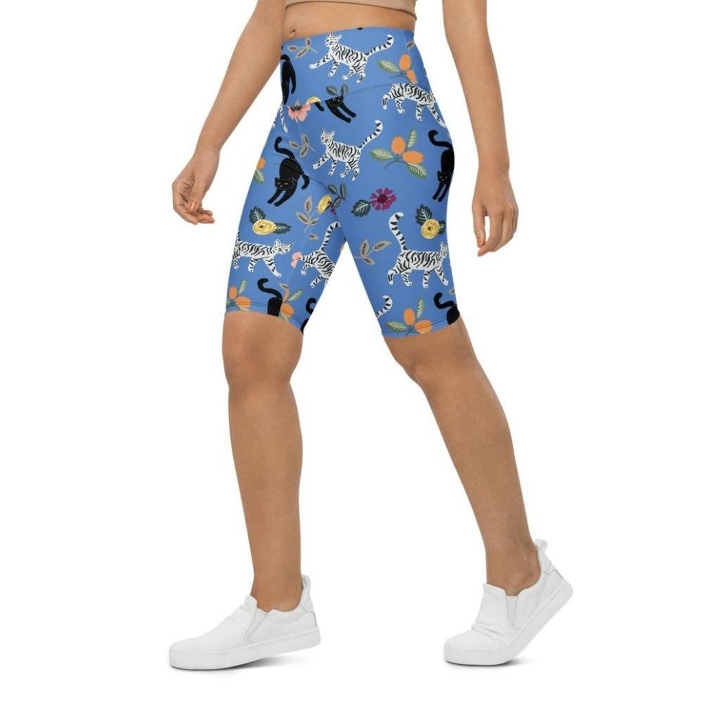 Feline & Flower Pattern Biker Shorts