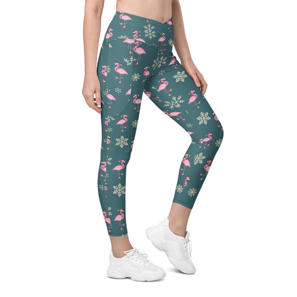 Festive Flamingos Crossover Leggings With Pockets