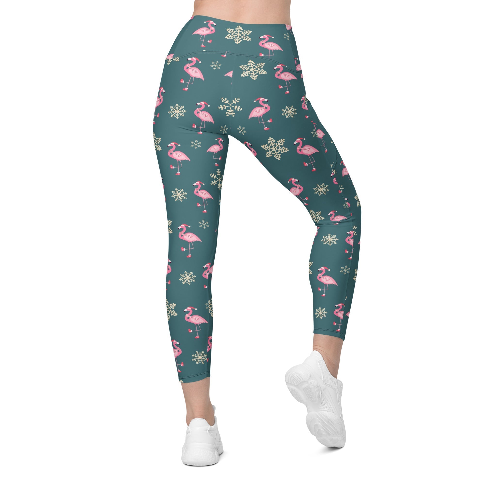 Festive Flamingos Crossover Leggings With Pockets