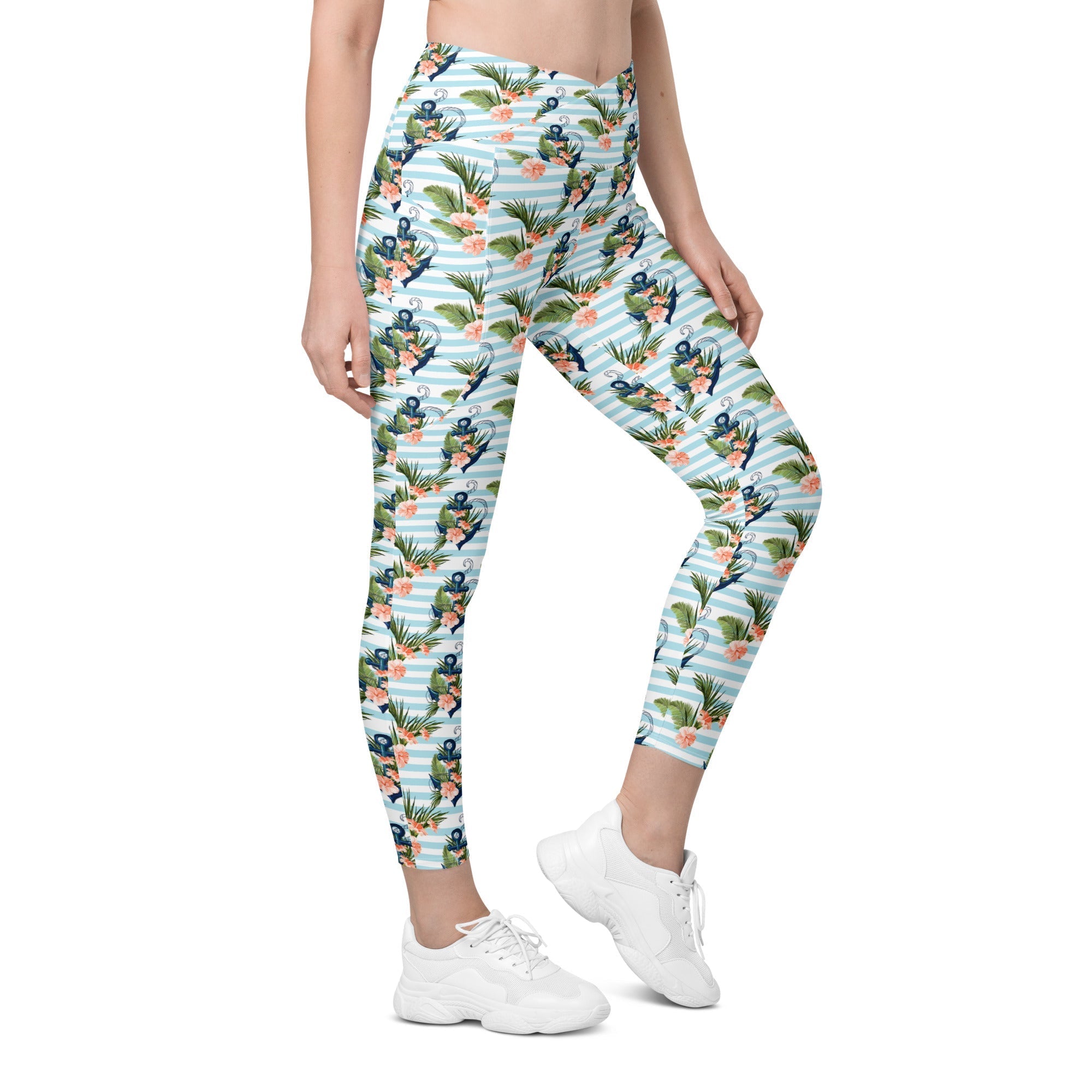 Floral Anchor Crossover Leggings With Pockets
