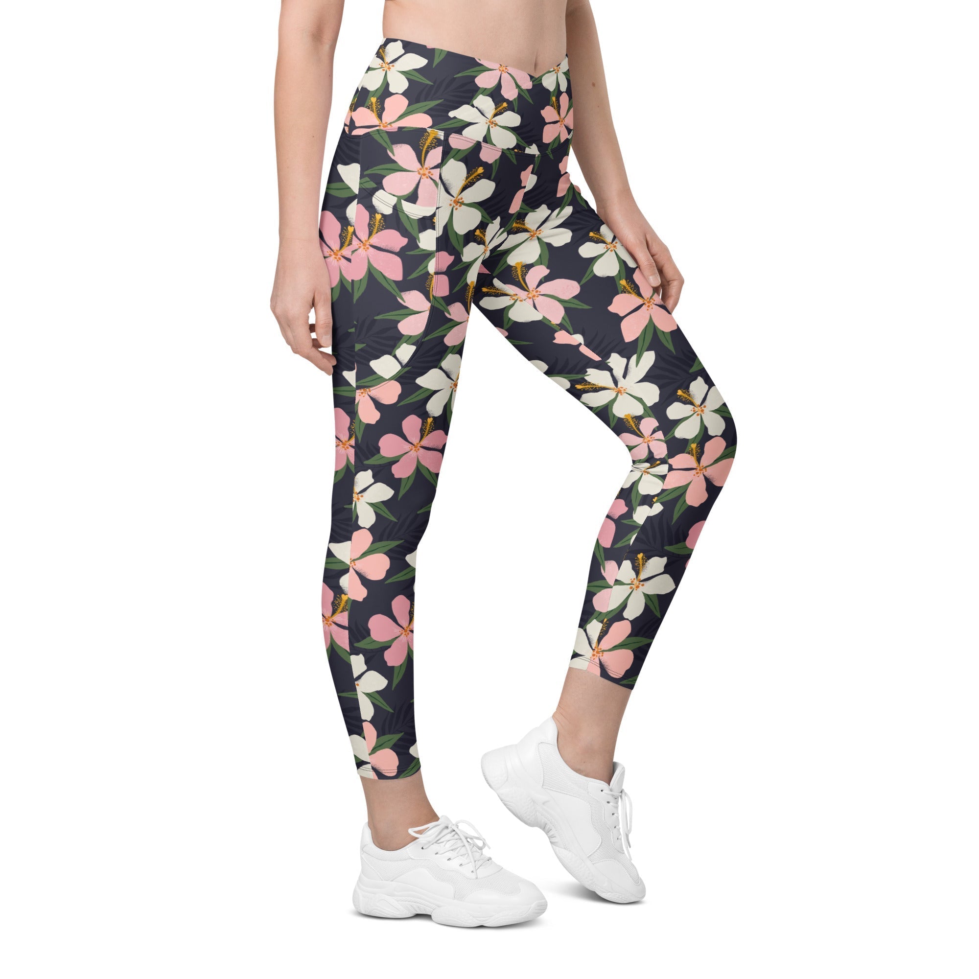 Floral Artwork Crossover Leggings With Pockets
