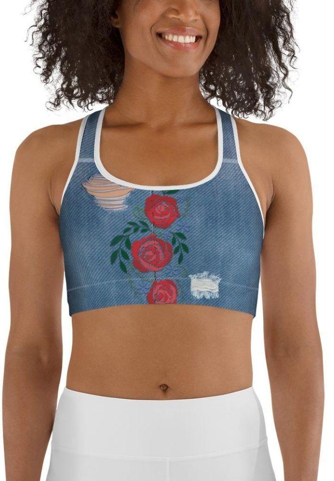 Floral Denim Print Sports Bra