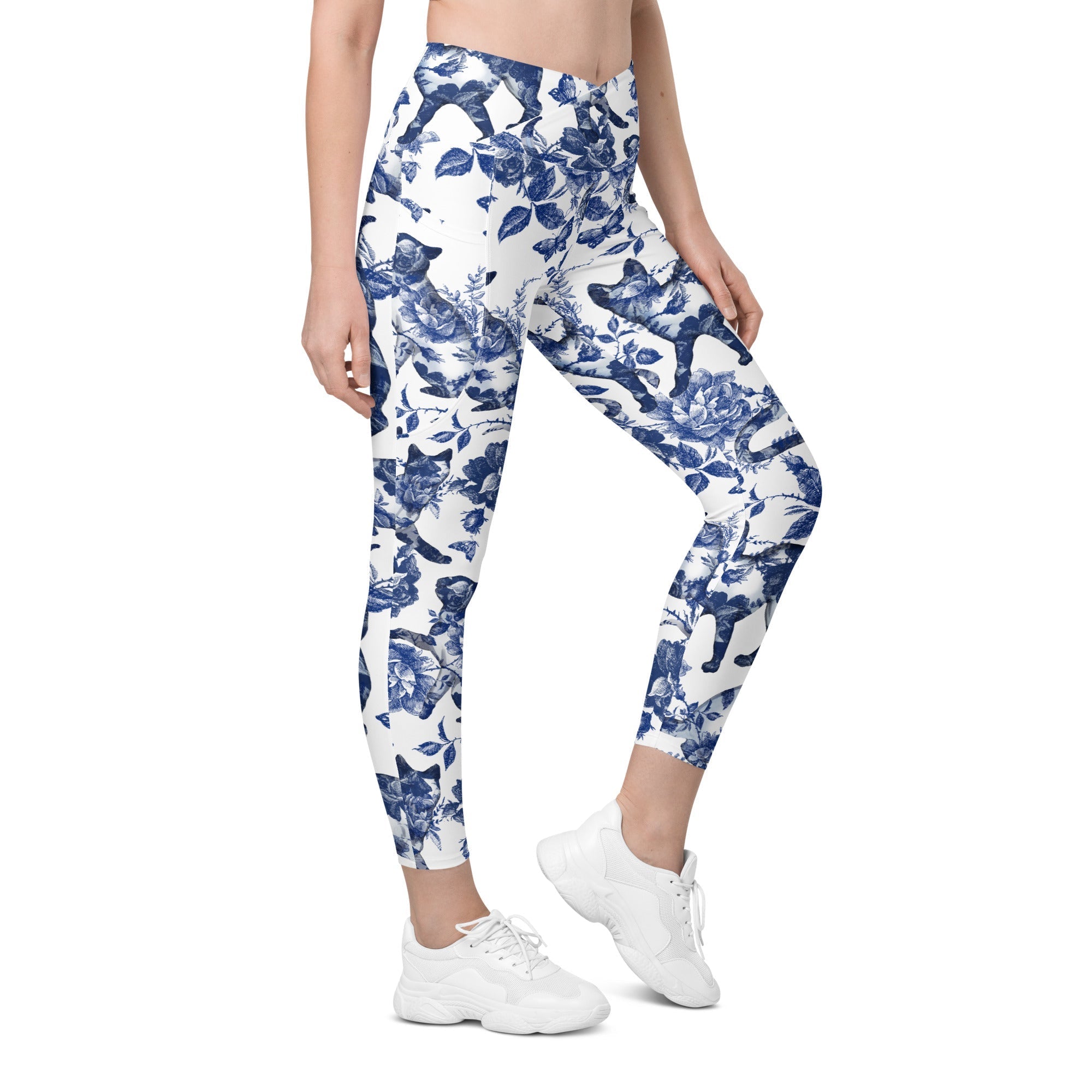 Floral Porcelain Cats Crossover Leggings With Pockets