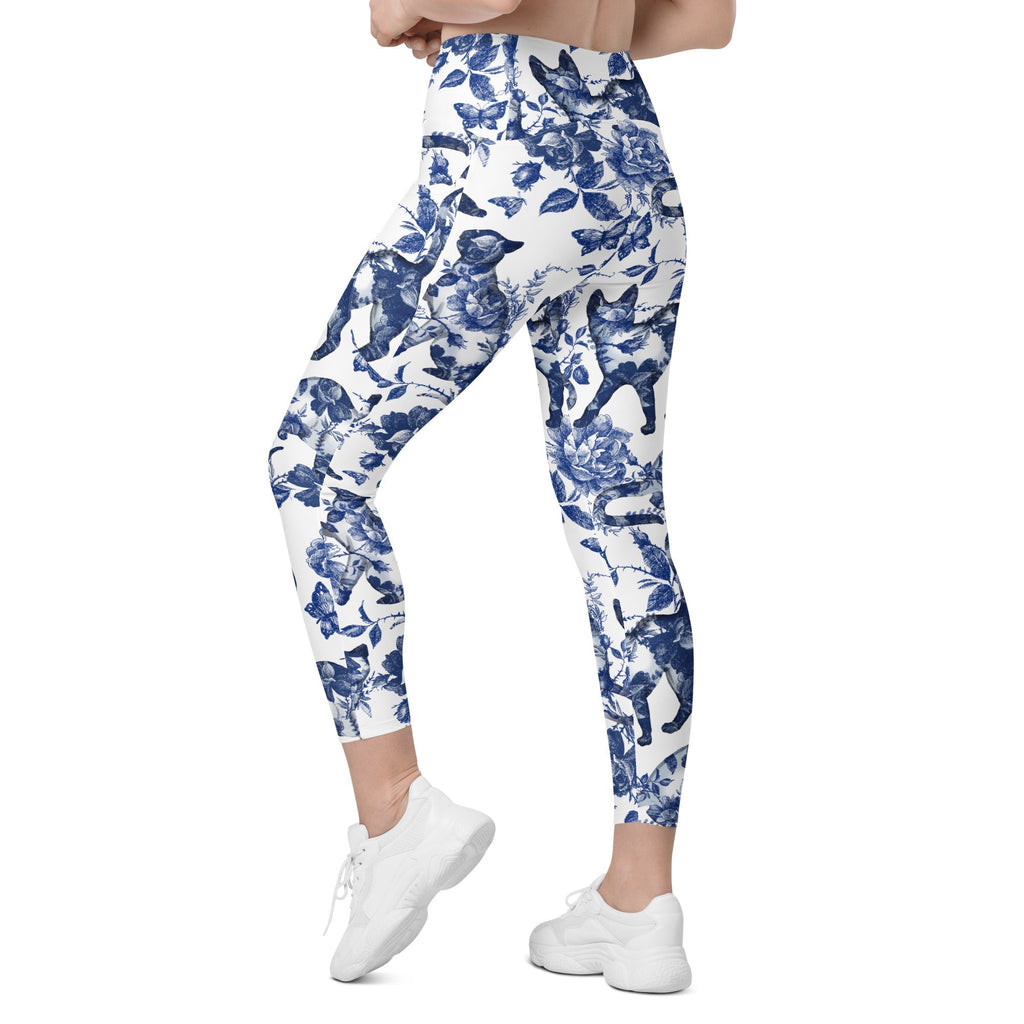 Floral Porcelain Cats Crossover Leggings With Pockets